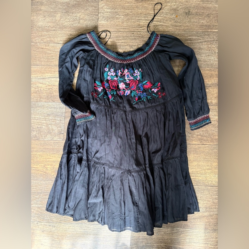 Free people Black Off-Shoulder Dress with Floral Embroidery